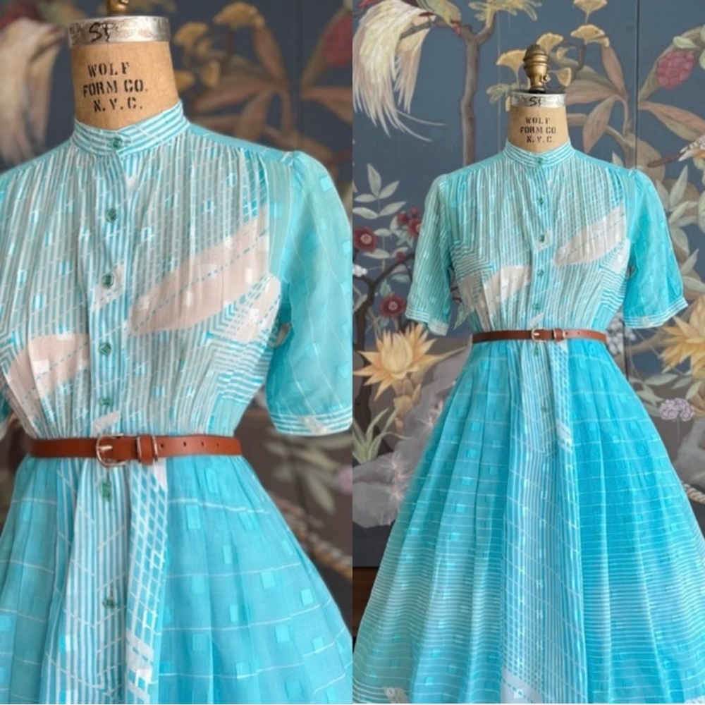 1950s Vintage light Blue White Geometric Pattern Embossed Striped Dress/MEDIUM